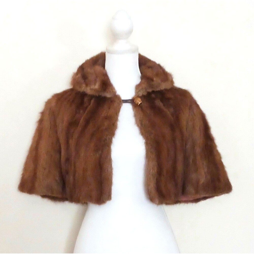 VTG 50s Brown Genuine Mink Short Capelet Toggle Button Collared S/M